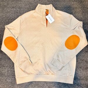 Men's Cream Half-Zip Sweater with Orange Elbow Patches